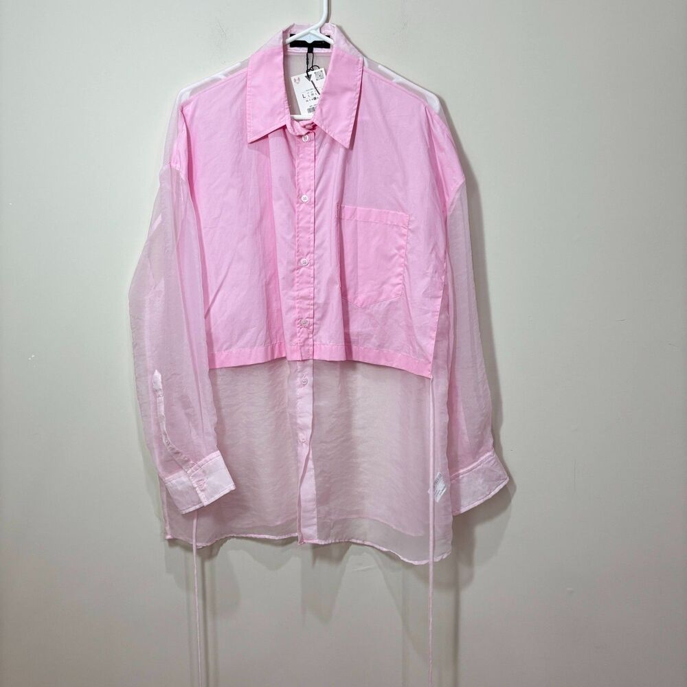 Zara NWT Pastel Pink Sheer Organza Blouse Women L Oversized Futuristic Avant Gar